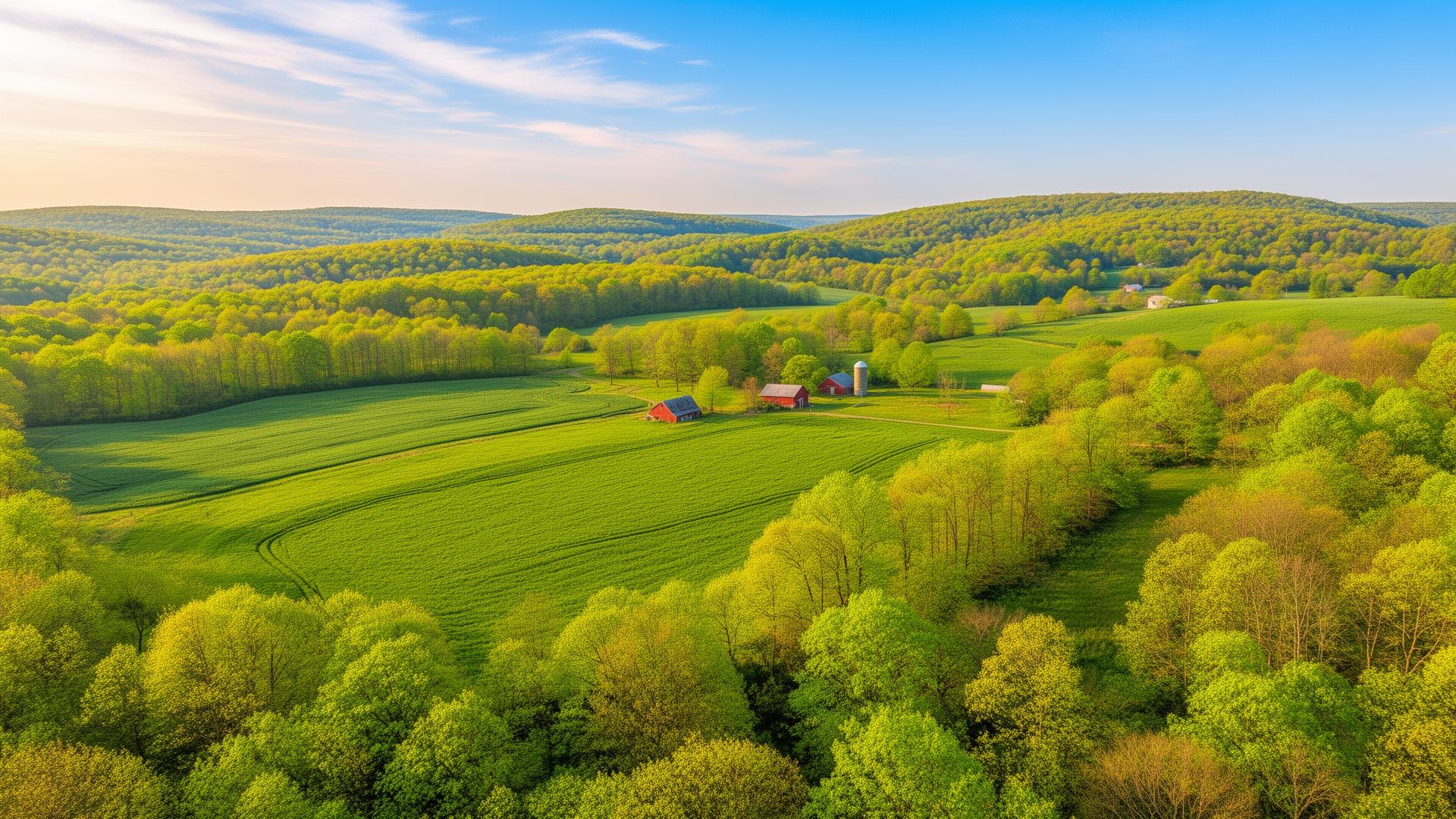 Aerial view of rolling green undeveloped land at sunrise